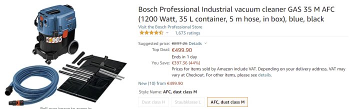 Bosch industriell dammsugare GAS 35 M AFC med slang och tillbehör, presenterad i en webbshop.