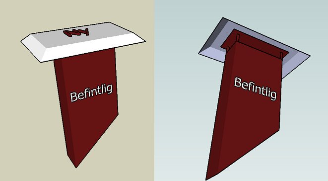 Två 3D-modeller av takventilation med knäckta kanter och texten "Befintlig" på sidan.