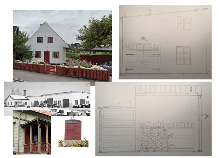 Collage av hus med putsad fasad, ritningar på garageportar, och industribyggnad, i diskussion om yttre gestaltning.