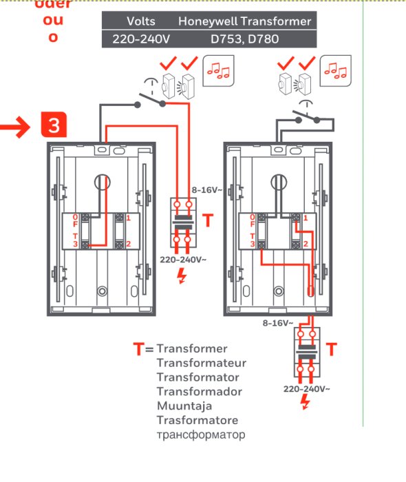 Schema över koppling av Honeywell-transformator modell D753 eller D780 för ringklocka.