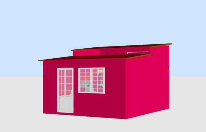 3D-modell av ett rosa hus med lutande tak mot trädgården, vitt fönsterfoder och dörr.