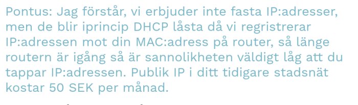 Skärmdump av chatt där Bahnhof bekräftar extra kostnad för publik IP-adress på 50 SEK per månad.