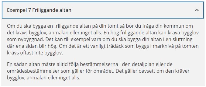 Skärmbild av Boverkets exempelsamling med text om regler för friliggande altaner.