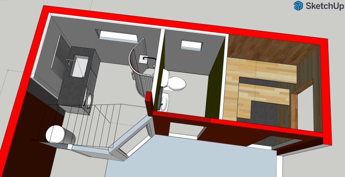 3D-Sketchupmodell av en interiör med trappa och förslag på tvättmaskin under trappsteg.