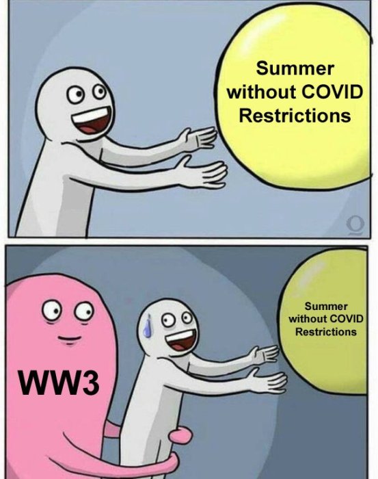 Tecknad bild med två paneler, en figur följer efter en lampa märkt ”Summer without COVID Restrictions” som stjäls av en annan figur märkt ”WW3”.