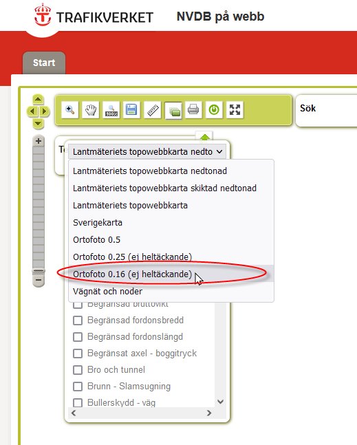 Skärmdump från Trafikverkets NVDB med öppet sidofält som markerar "Ortofoto 0.16" alternativet.
