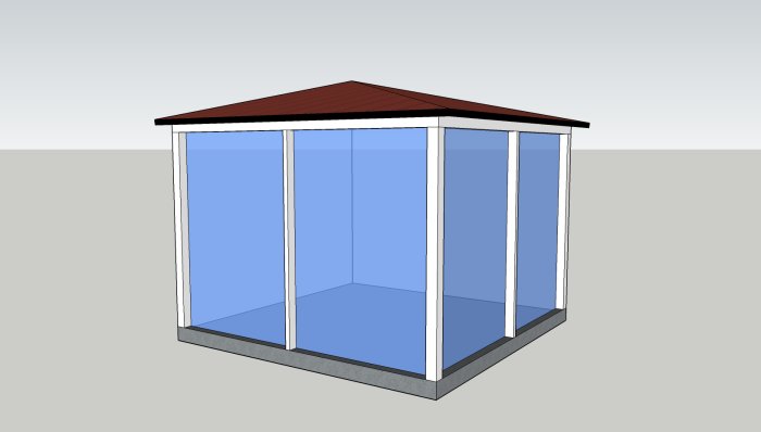 3D-rendering av ett kvadratiskt uterum med diagonalt tak och glasväggar.