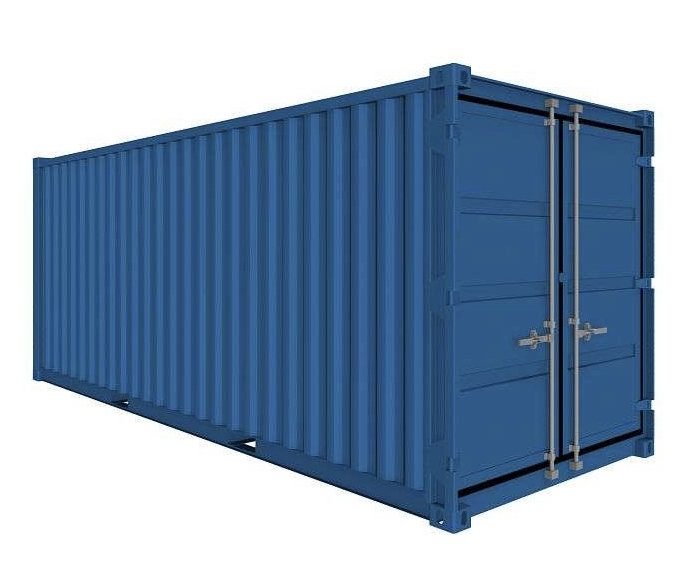 Stängd blå oisolerad lastcontainer för potentiell förvaring av möbler under flytt.