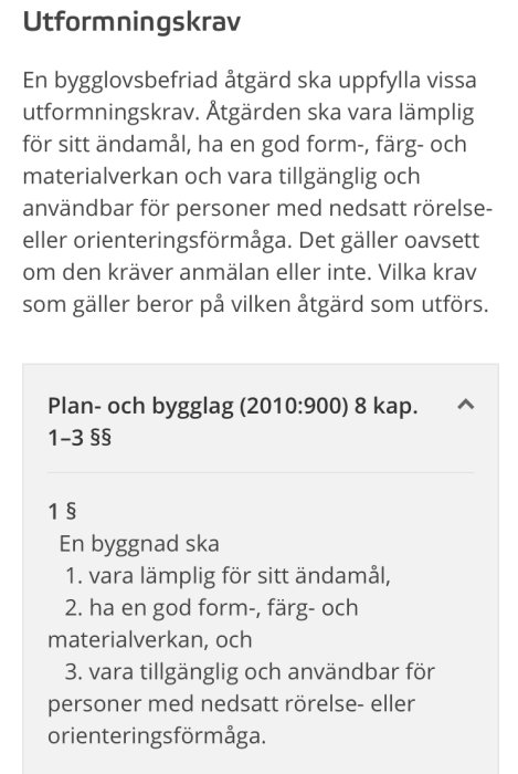 Skärmdump av en texturdragning som beskriver utformningskrav enligt plan- och bygglagen, inklusive tillgänglighet och estetik.