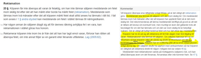 Skärmdump av Konsumentköplagens paragrafer 21 och 23 med kommentarer som rör reklamationsrätt och när en köpare kan reklamera felaktiga varor.