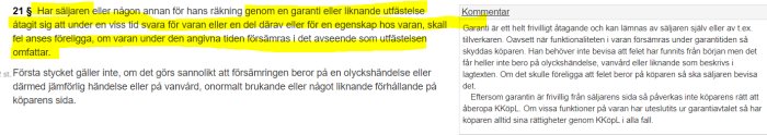 Skärmbild av Konsumentköplagen med markerad text om garanti och kommentarsfält till höger.