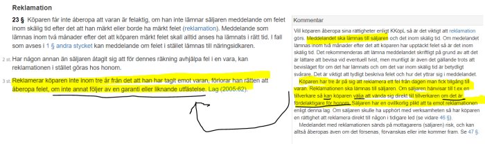 Skärmbild av Konsumentköplagens paragrafer med markerad text och kommentarer.