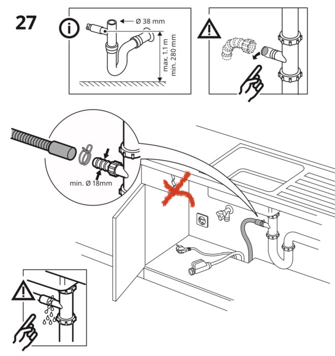Illustration av rörinstallation under diskbänk med markerat felaktigt håltagning.