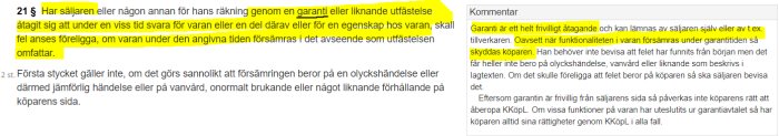 Skärmdump av Konsumentköplagen med markerad text om garantier och kommentarer som förklarar rättigheter.