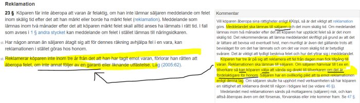 Skärmbild av en text om reklamationsrätt med markeringar och kommentarer kring köplagen.