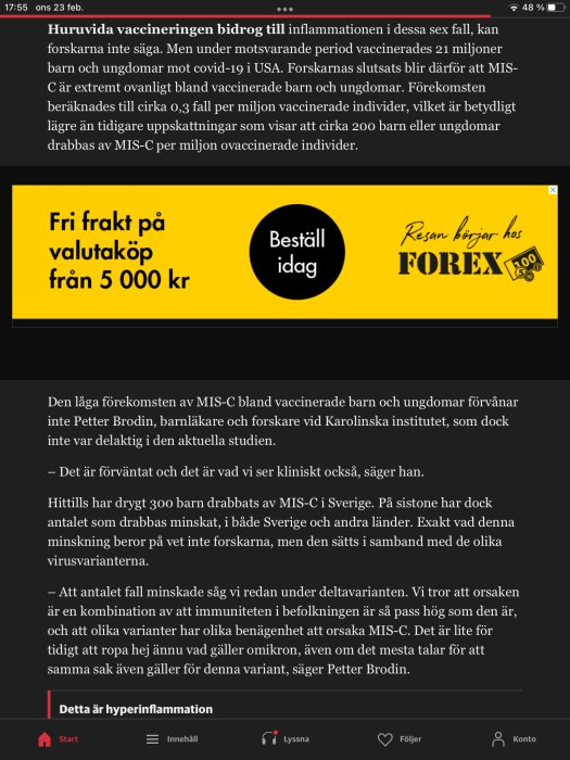 Skärmdump av en artikel om vaccination och MIS-C bland barn med en gul svart reklambanner för FOREX Bank.