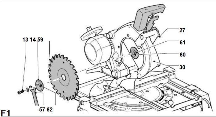 Illustration av DW743 vändsåg med markerad position för vänstergängad insexskruv vid pos 13.