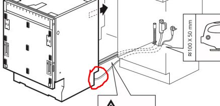 Illustration av diskmaskin med öppet schakt för elkabel, vatten och avlopp baktill vid installation.
