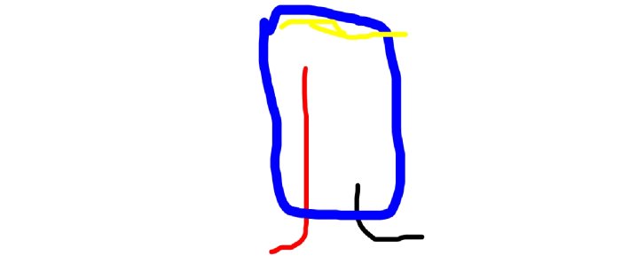 Enkelt ritad skiss av en varmvattenberedare med markerade inlopps- och utloppsrör.