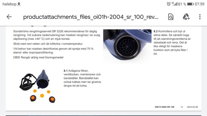 Instruktionsbild som visar delar av en halvmask med filter och instruktioner för rengöring vid lätt nedsmutsning.