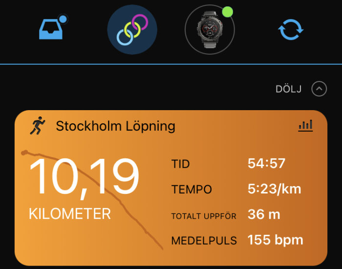 Löparapp visar distans på 10,19 km, tid 54:57, tempo 5:23/km, höjdstigning 36 m, puls 155 bpm.