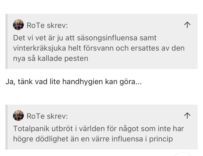 Skärmdump av två forumkommentarer om säsongsinfluensa och handhygien relaterade till COVID-19.