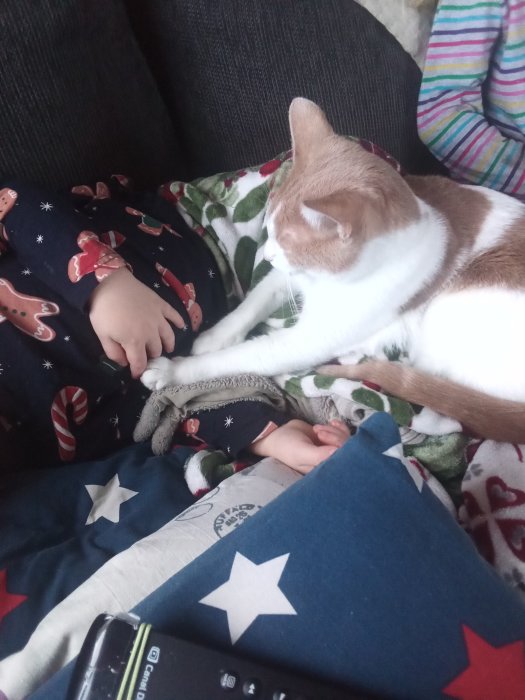 Katt som håller tass med sovande barn iklädd pyjamas med julmotiv.