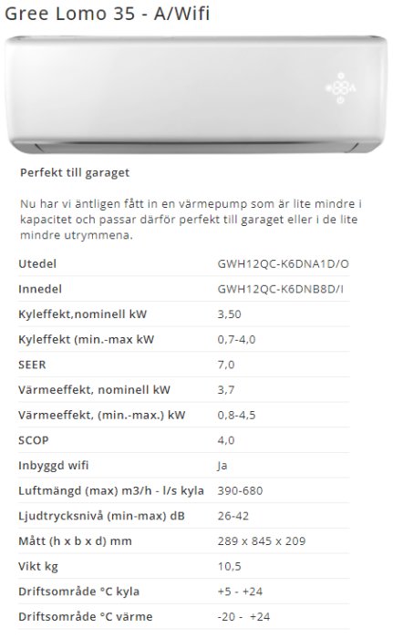 Vit värmepump Gree Lomo 35 med specifikationer för kyl- och värmeeffekt.