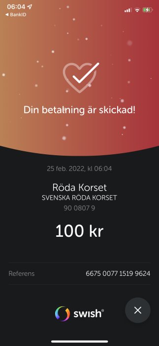 Bekräftelseskärm för betalning med Swish-appen på 100 SEK till Svenska Röda Korset.