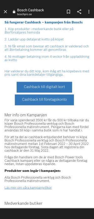 Informationssida om Bosch Cashback-kampanj med steg-för-steg instruktioner och detaljer för deltagande.