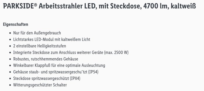 En skärmdump av en tysk produktbeskrivning för en LED-arbetsbelysning endast för utomhusbruk.
