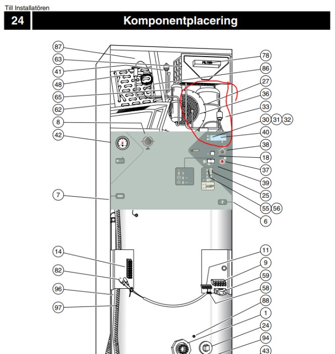 Schematisk illustration av komponentplacering med en svart burk markerad uppe till höger.