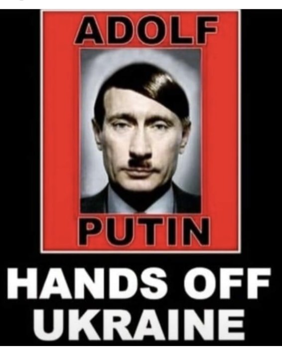 Sammanfogade ansikten på en affisch med text som uppmanar till icke-inblandning i Ukraina.