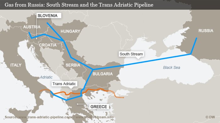 Karta som visar South Stream- och Trans Adriatic-gasledningarna från Ryssland genom Europa.