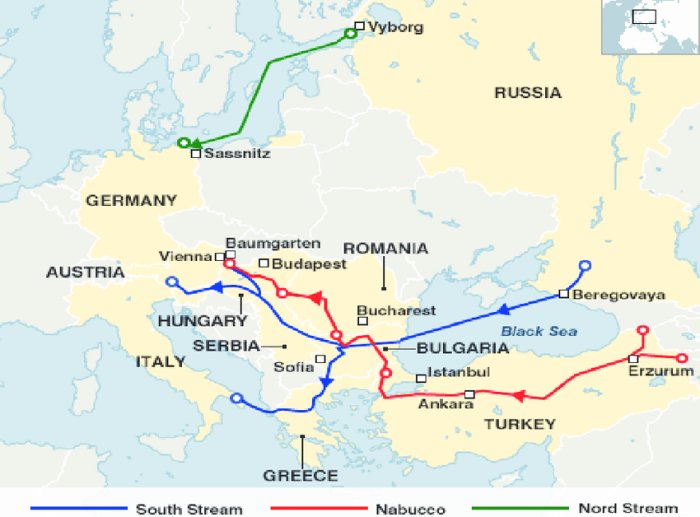 Karta över gasledningar i Europa med Nabucco-pipeline markerad i rött, Nord Stream i grönt.