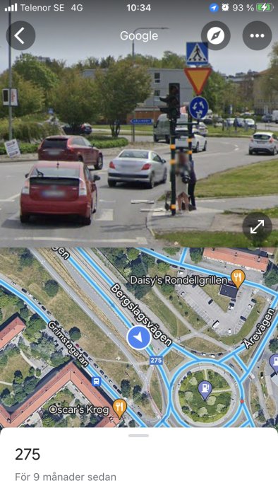 Skärmdump från Google Maps som visar trafik vid en rundell och en kartöversikt med märkta affärer.