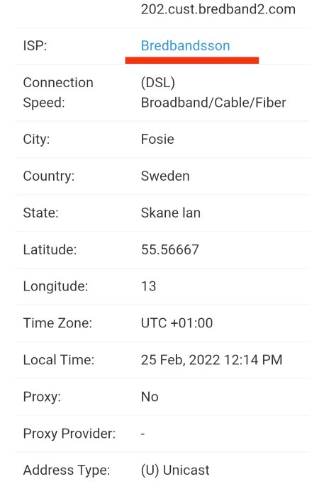 Skärmdump av internetanslutningsdetaljer med ISP Bredbandsson, ingen proxy, i Fosie, Sverige.