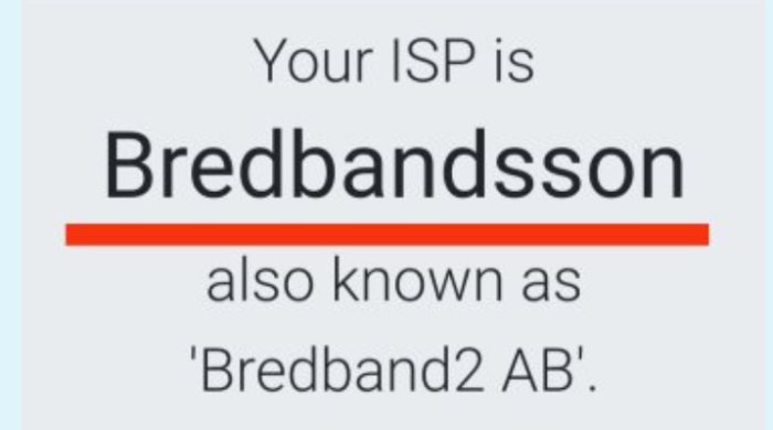 Skärmbild som visar att internetleverantören är 'Bredbandsson', även känd som 'Bredband2 AB'.