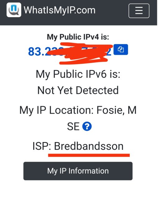 Skärmdump som visar en IP-adress, IP-version, plats och internetleverantör på WhatsMyIP.com, med överstruken text.