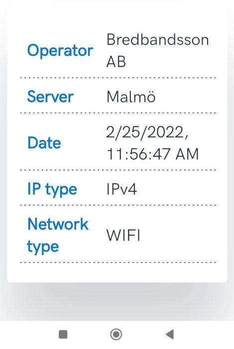 Skärmupptagning som visar internetoperatör, serverplats, datum, IP-typ och nätverkstyp från en ISP-förfrågan.