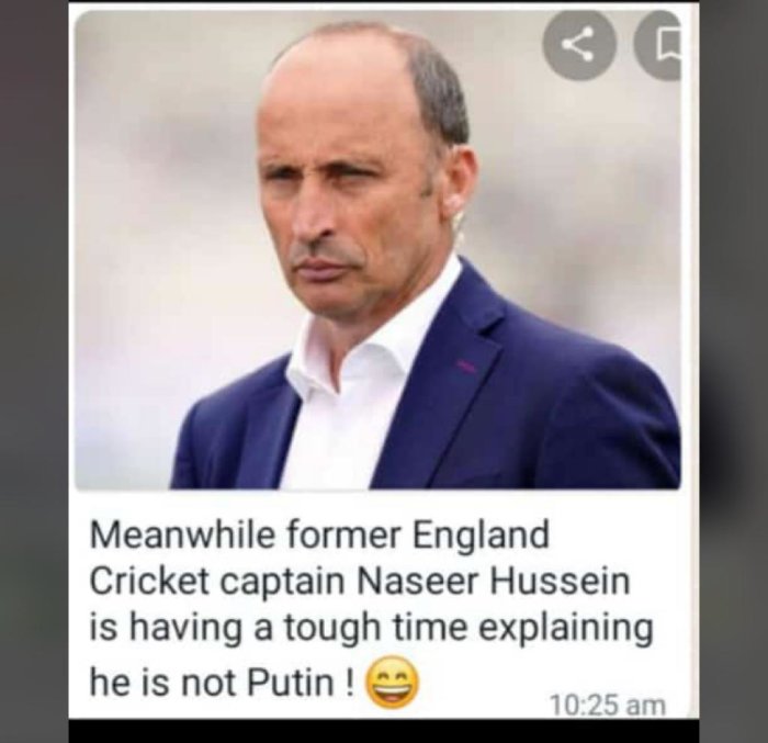 Bild av ex-engelsk cricketkapten Nasser Hussain med bekymrad blick, jämförd med Putin i text.