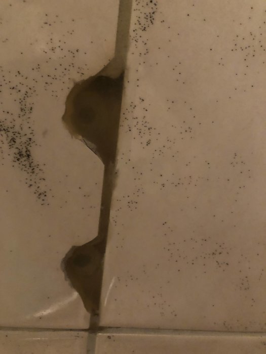 Kakel i dusch med hål lagade med silikonmassa, mögel runt skadan.