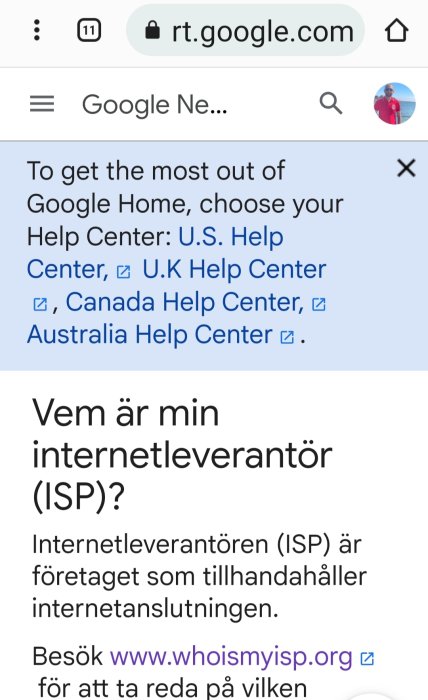 Skärmdump av Google Nest support webbsida med information om internettjänstleverantörer.