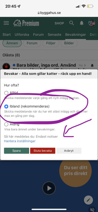 Skärmdump av foruminställningar med markerad knapp "Ibland" för aviseringar och markerat "Hantera inställningar".