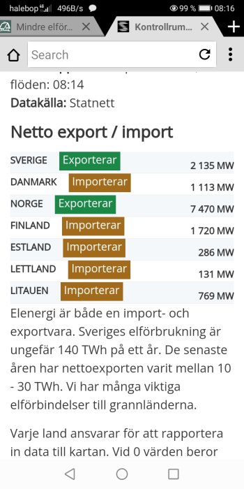 Skärmdump av energiflödesdata som visar export och import av el mellan Sverige och grannländer.