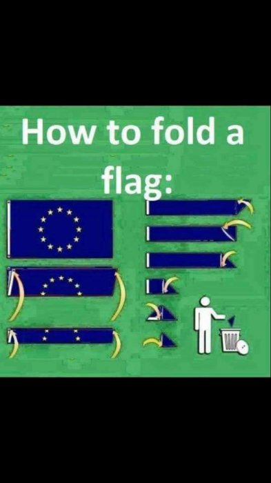 Instruktionsbild för att vika en flagga som förvandlas till bild av soptunna och bananskal.