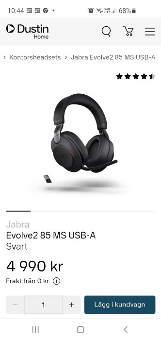 Jabra Evolve2 85 MS USB-A trådlösa svarta över-örat hörlurar och USB-dongel, visade på en onlinebutikssida.