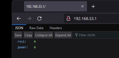 Webbläsargränssnitt med JSON-data som visar RSSI- och power-värden satta till noll.