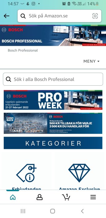 Skärmdump av Bosch Professionals webbsida med verktygserbjudanden och sökfält.