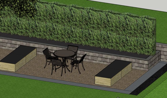 Skiss i Sketchup av en trädgårdsdesign med en meter bred och 0,5 meter hög mur, sittplatser och en häck.